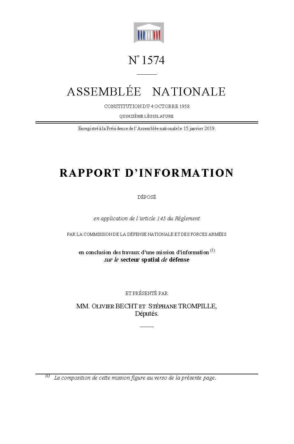 RAPPORT D’INFORMATION SUR LE SECTEUR SPATIAL DE DÉFENSE